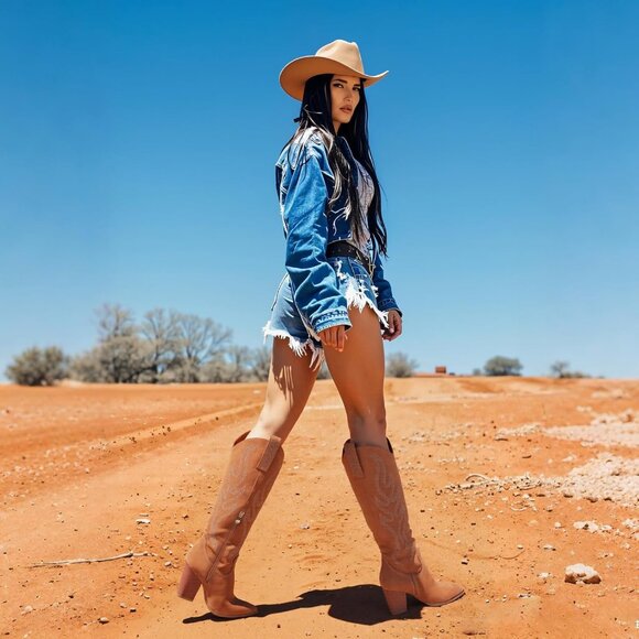 Celbreez Brown Suede Knee High Western Fusion Boots Women Embroidered Rhinestone - Picture 4 of 8